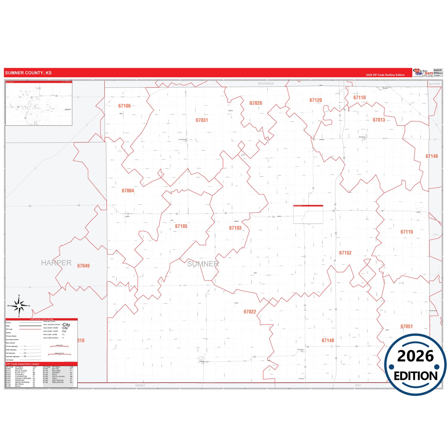 Sumner County, KS Red Line 5 Digit ZIP Code Wall Map