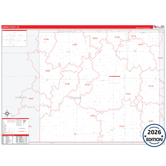Sumner County, KS Red Line 5 Digit ZIP Code Wall Map