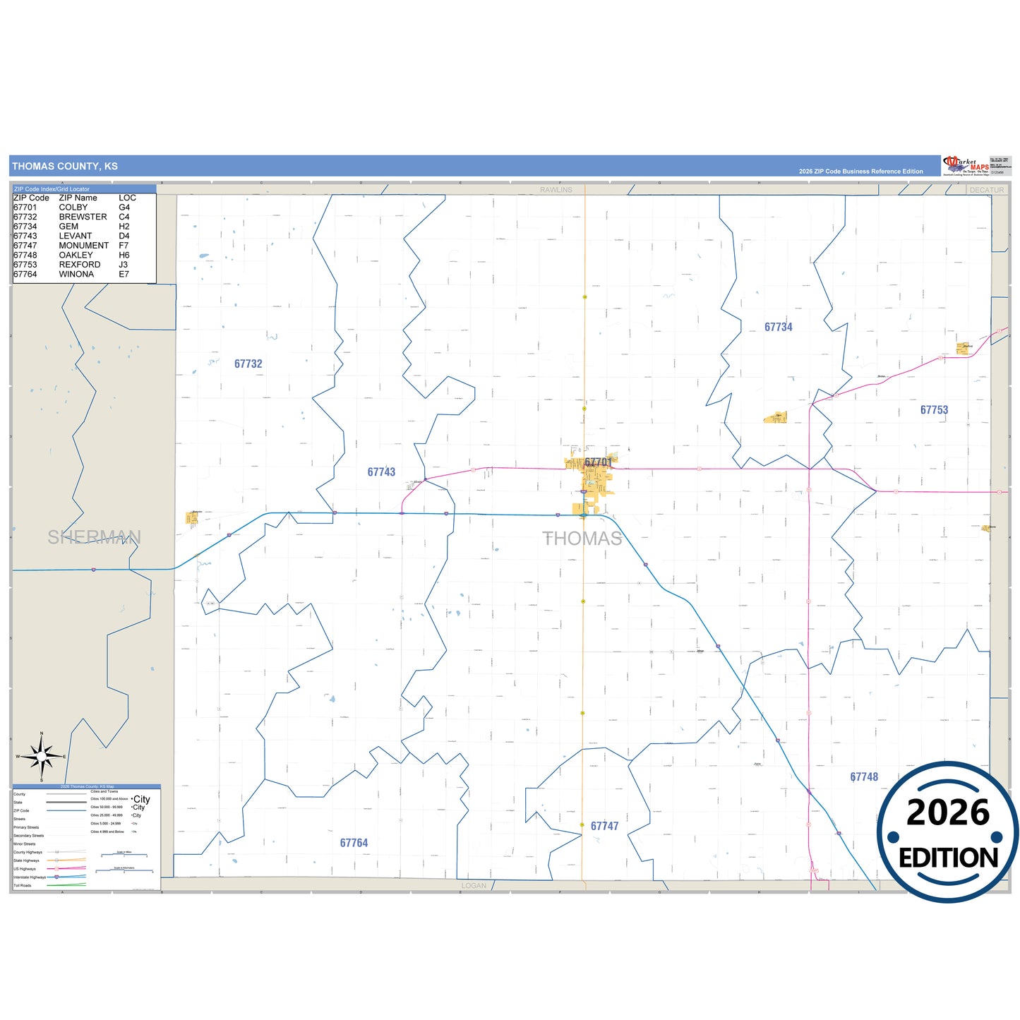 Thomas County, KS Business Reference 5 Digit ZIP Code Wall Map