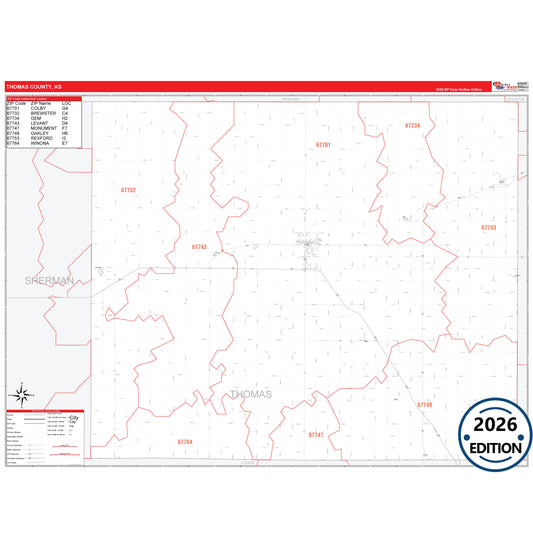 Thomas County, KS Red Line 5 Digit ZIP Code Wall Map