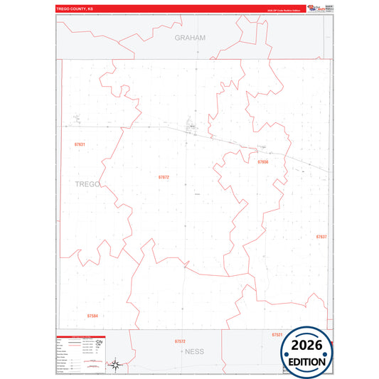 Trego County, KS Red Line 5 Digit ZIP Code Wall Map