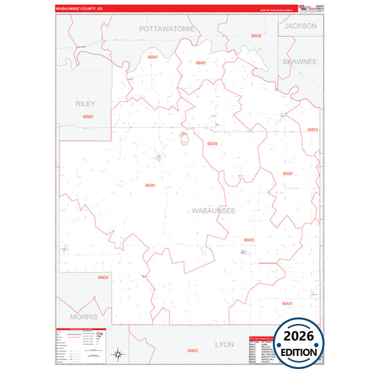 Wabaunsee County, KS Red Line 5 Digit ZIP Code Wall Map