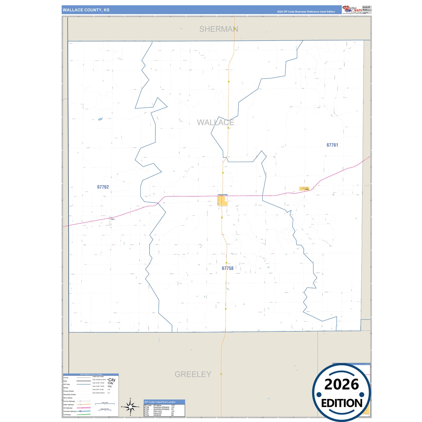 Wallace County, KS Business Reference 5 Digit ZIP Code Wall Map