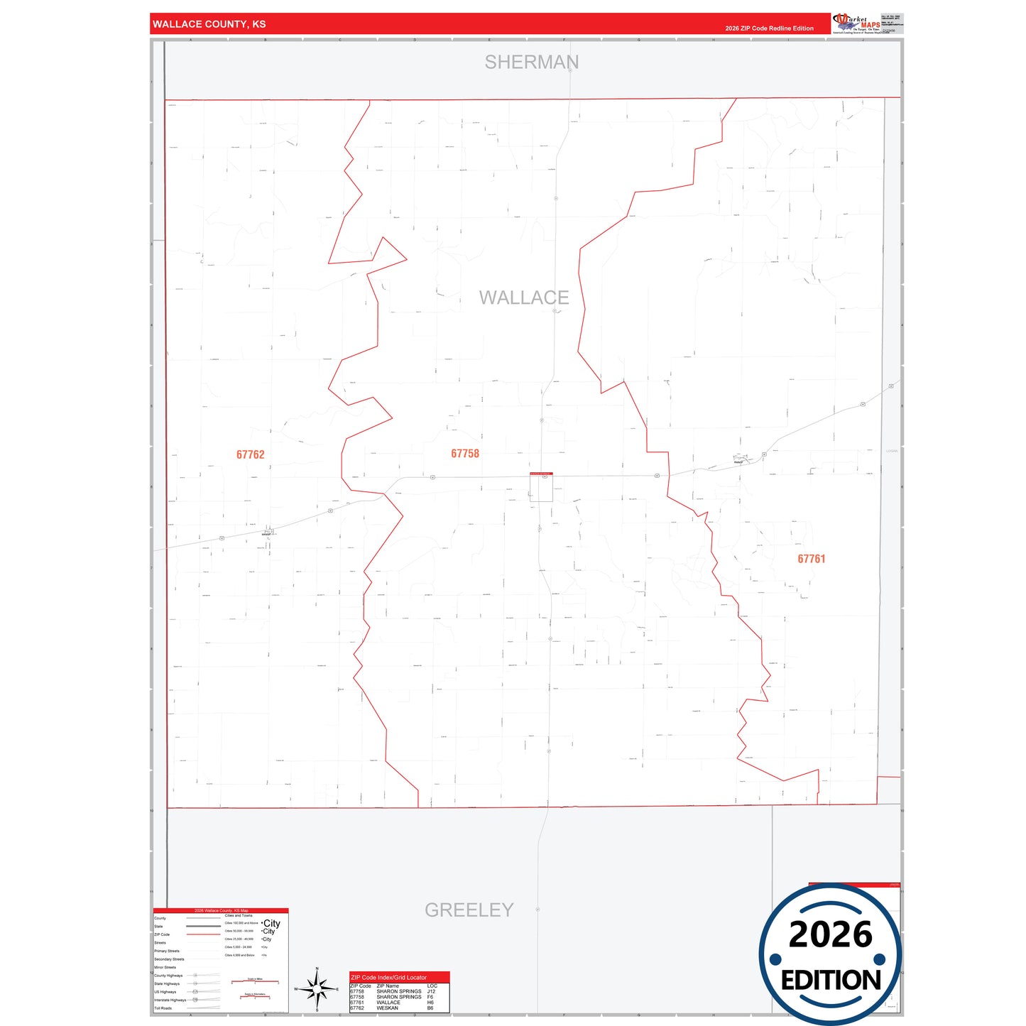 Wallace County, KS Red Line 5 Digit ZIP Code Wall Map