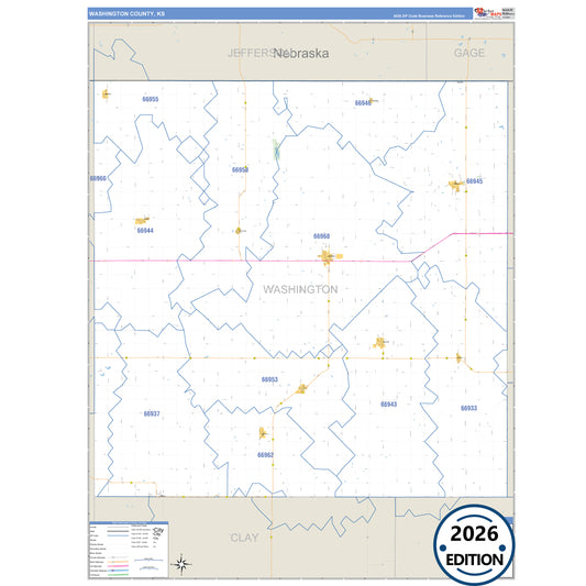 Washington County, KS Business Reference 5 Digit ZIP Code Wall Map
