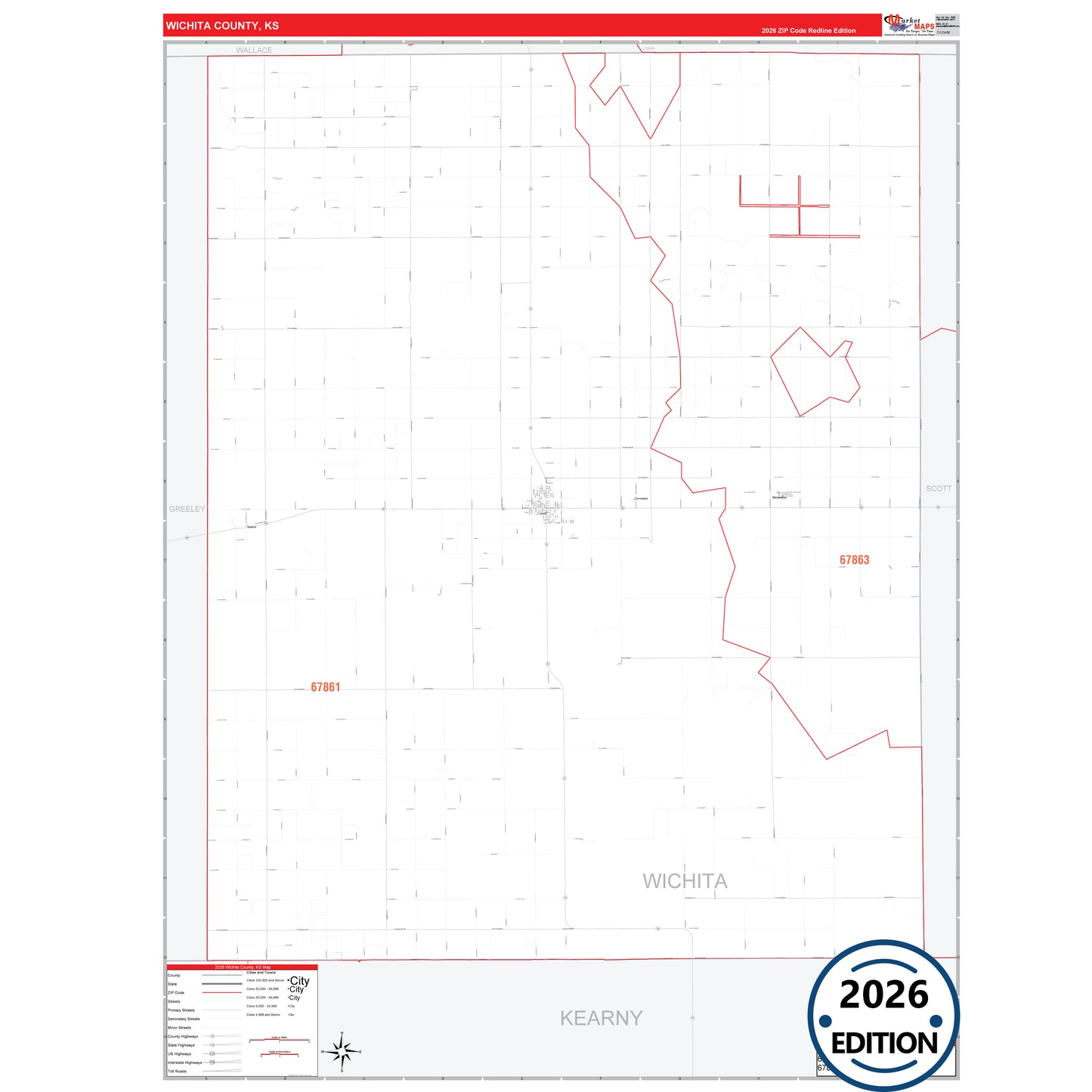 Wichita County, KS Red Line 5 Digit ZIP Code Wall Map