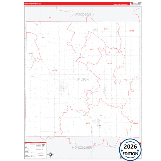 Wilson County, KS Red Line 5 Digit ZIP Code Wall Map