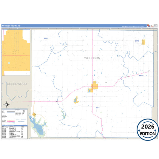 Woodson County, KS Business Reference 5 Digit ZIP Code Wall Map