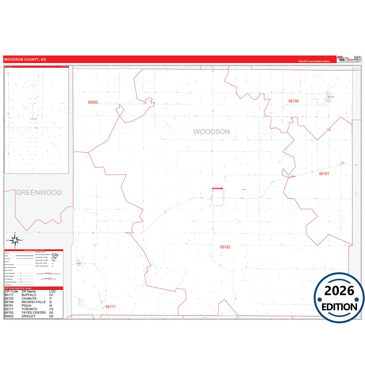 Woodson County, KS Red Line 5 Digit ZIP Code Wall Map
