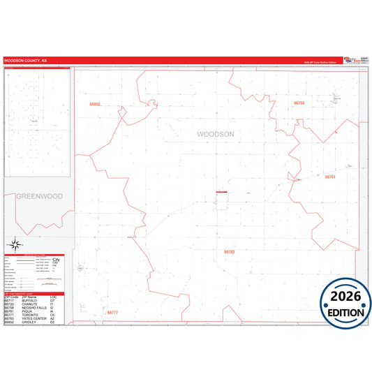 Woodson County, KS Red Line 5 Digit ZIP Code Wall Map