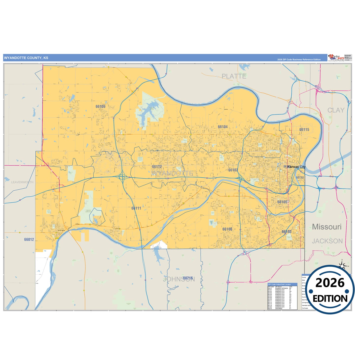 Wyandotte County, KS Business Reference 5 Digit ZIP Code Wall Map