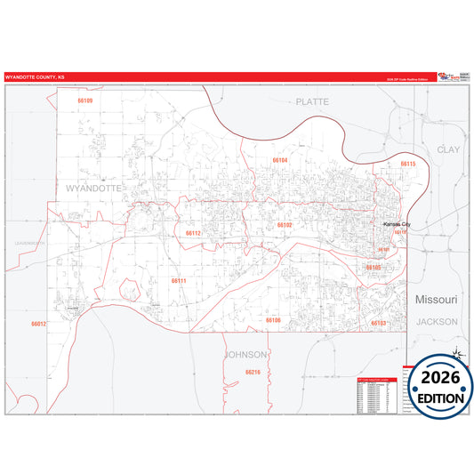 Wyandotte County, KS Red Line 5 Digit ZIP Code Wall Map