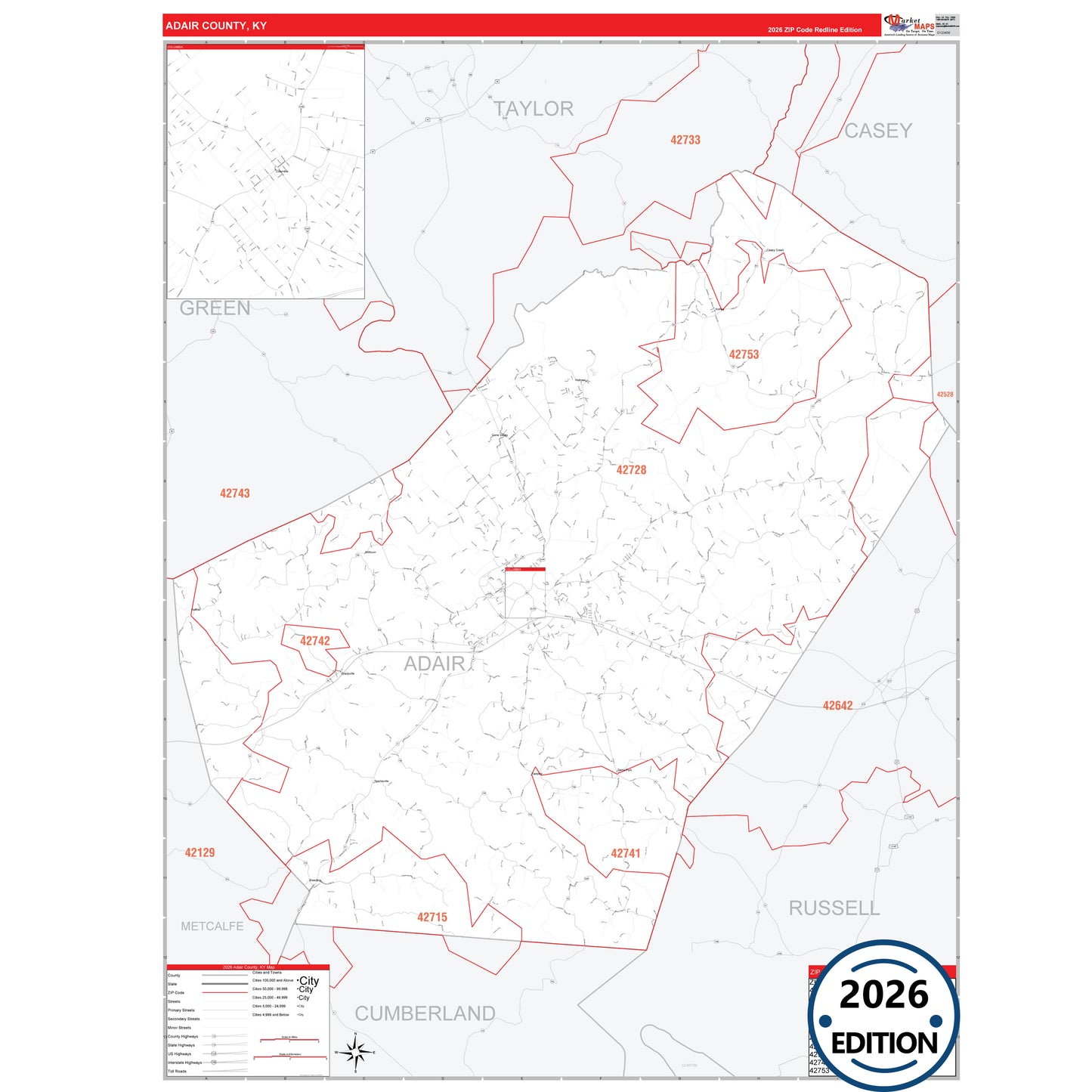 Adair County, KY Red Line 5 Digit ZIP Code Wall Map