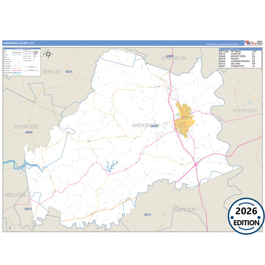 Anderson County, KY Business Reference 5 Digit ZIP Code Wall Map