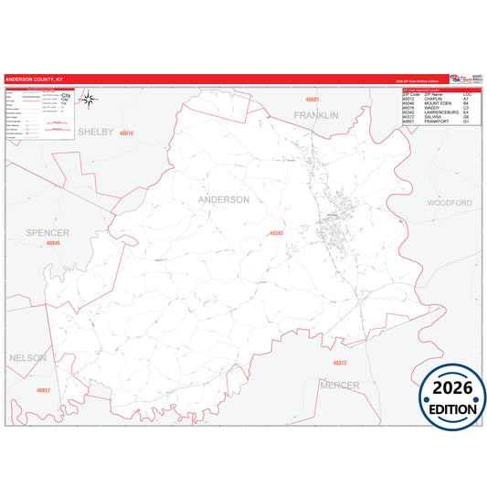 Anderson County, KY Red Line 5 Digit ZIP Code Wall Map