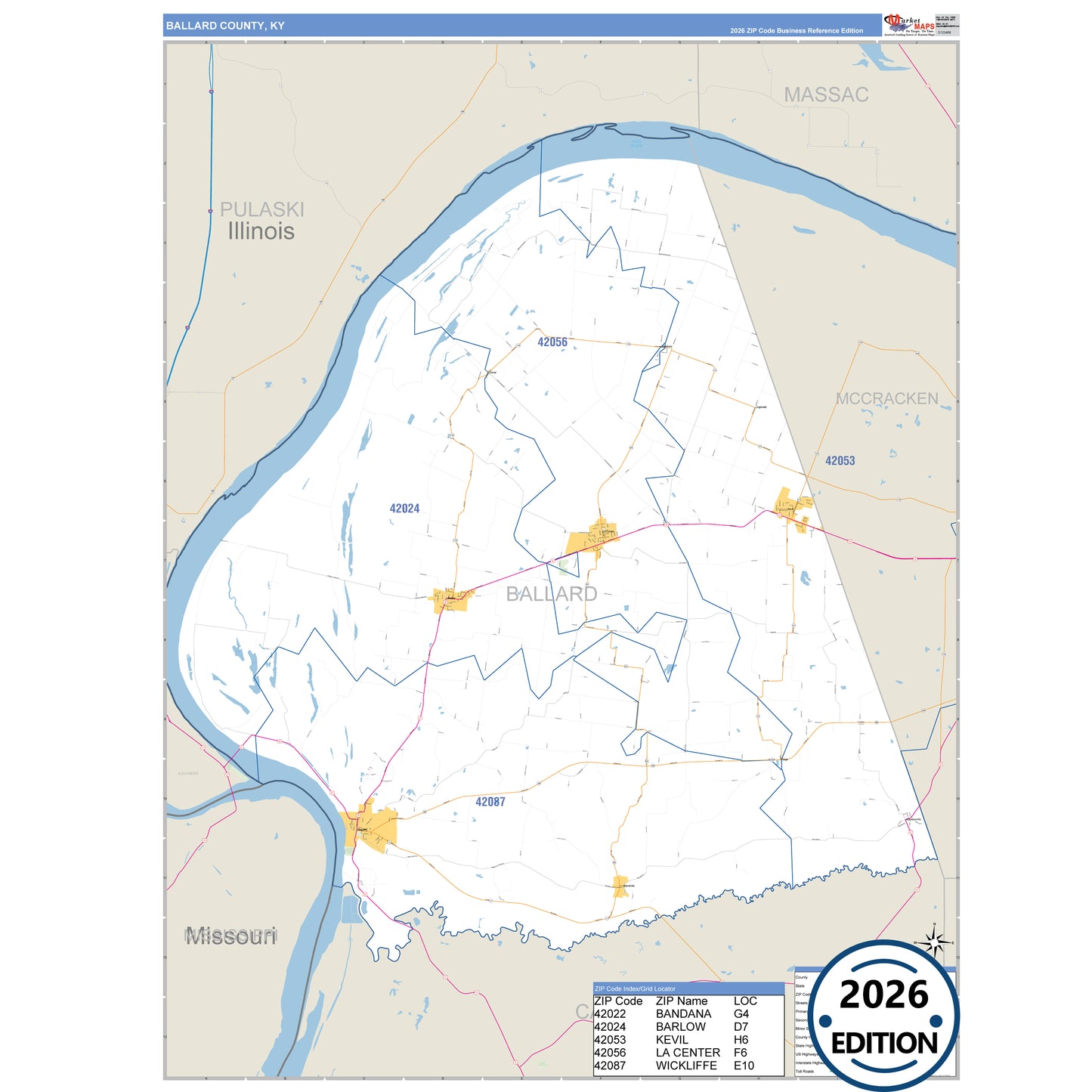 Ballard County, KY Business Reference 5 Digit ZIP Code Wall Map
