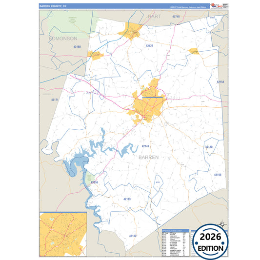 Barren County, KY Business Reference 5 Digit ZIP Code Wall Map