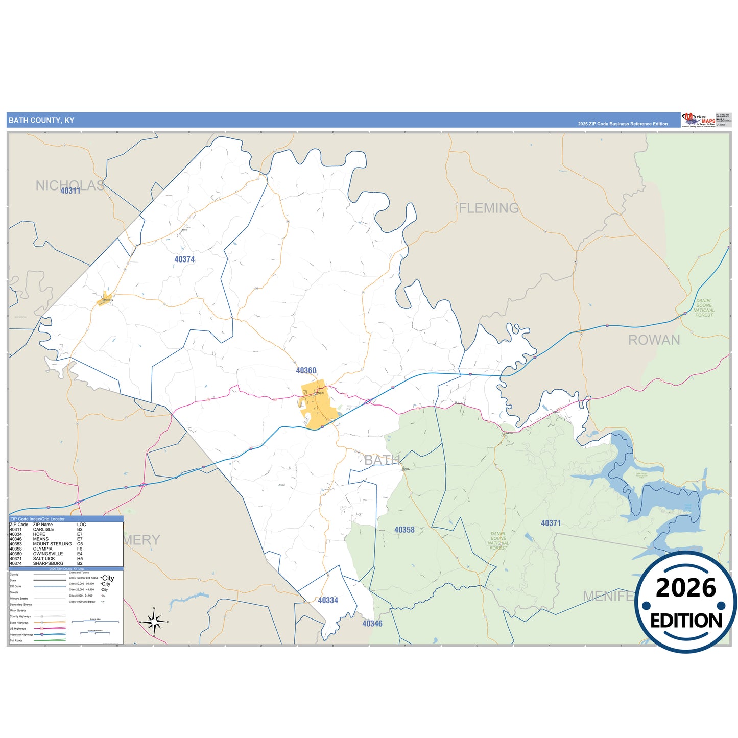 Bath County, KY Business Reference 5 Digit ZIP Code Wall Map