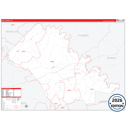Bath County, KY Red Line 5 Digit ZIP Code Wall Map