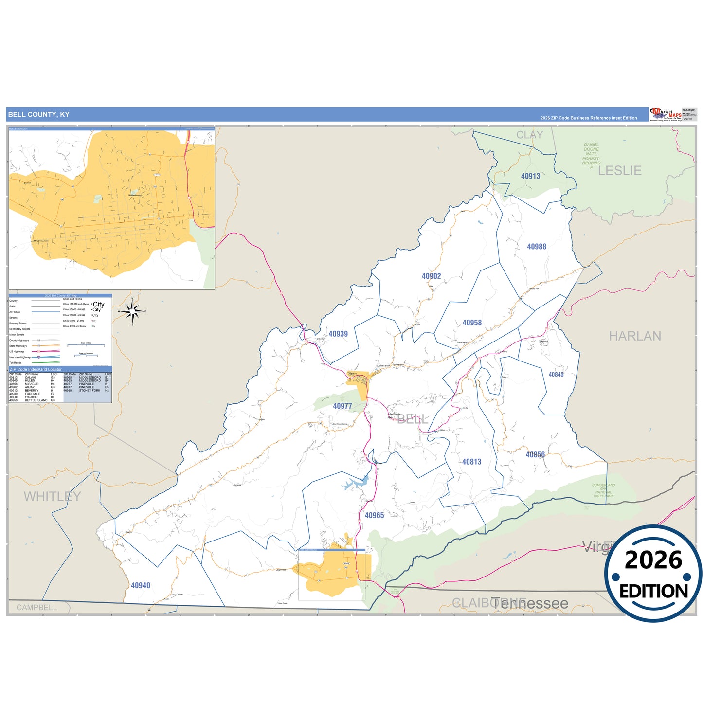Bell County, KY Business Reference 5 Digit ZIP Code Wall Map