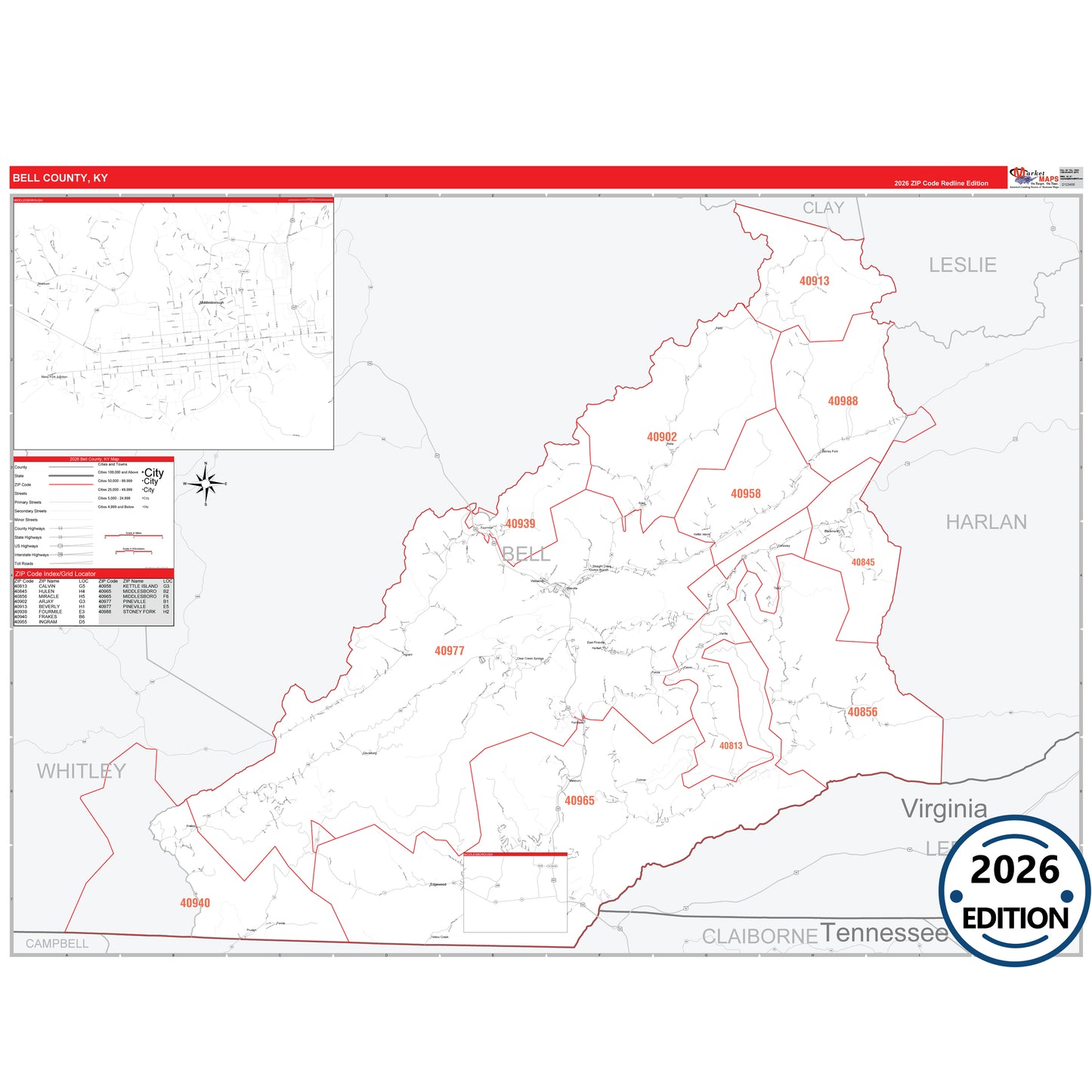 Bell County, KY Red Line 5 Digit ZIP Code Wall Map