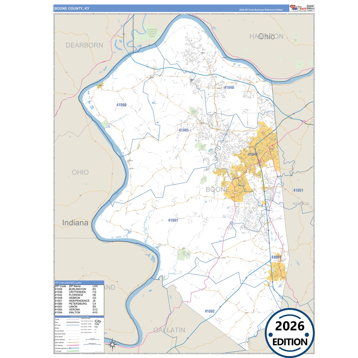 Boone County, KY Business Reference 5 Digit ZIP Code Wall Map