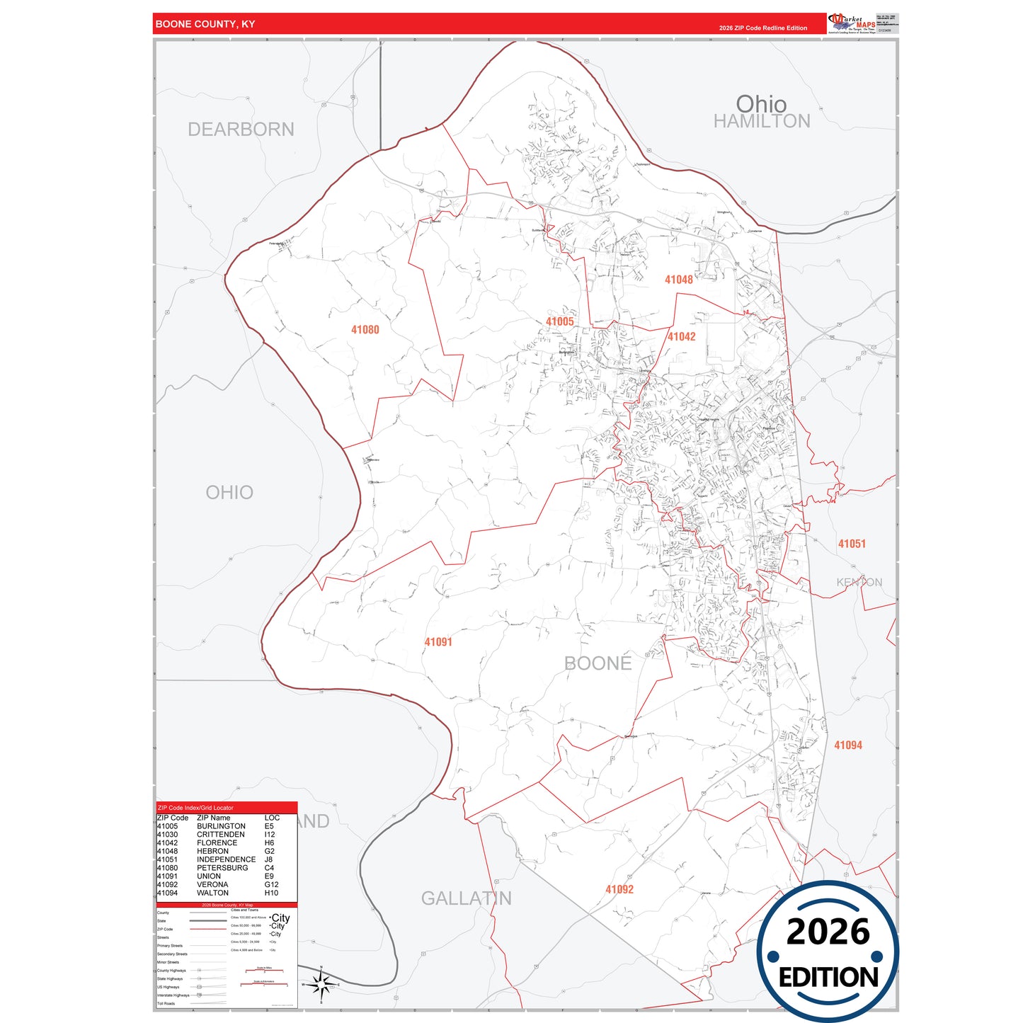Boone County, KY Red Line 5 Digit ZIP Code Wall Map