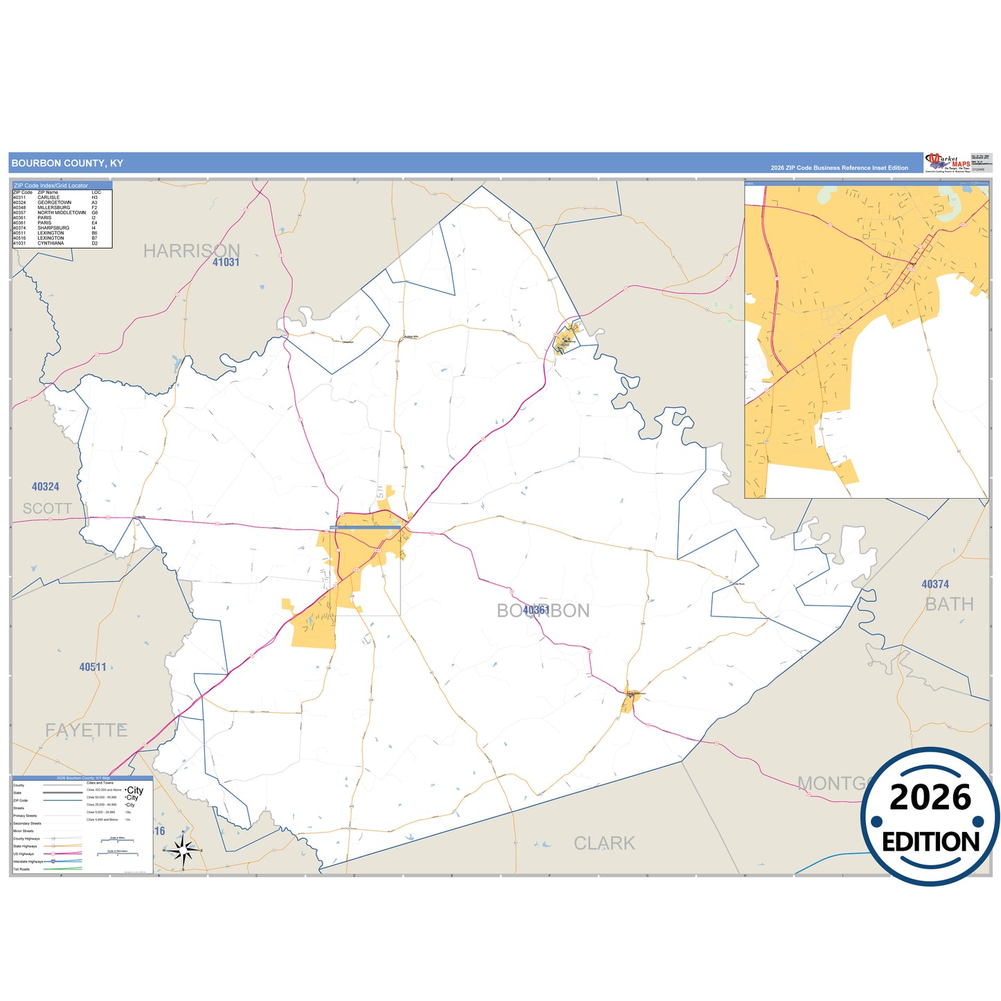 Bourbon County, KY Business Reference 5 Digit ZIP Code Wall Map