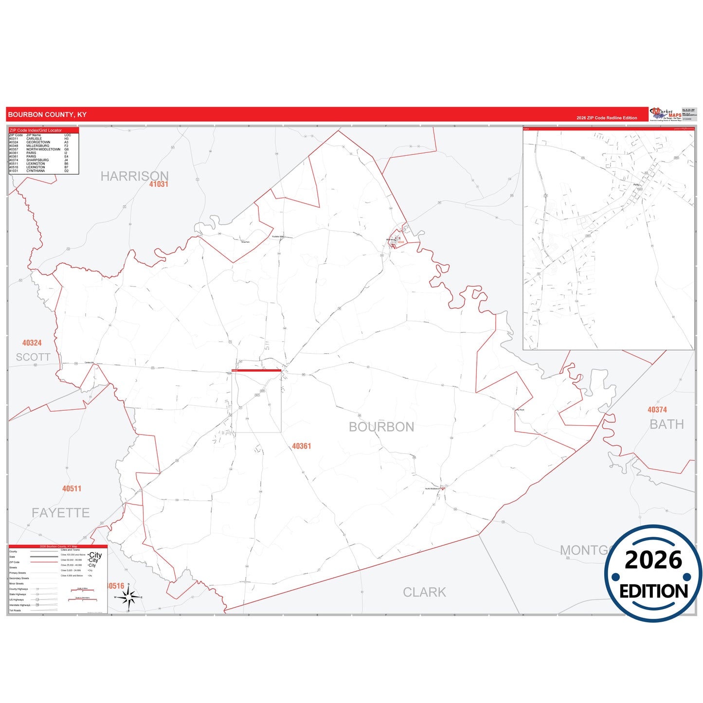 Bourbon County, KY Red Line 5 Digit ZIP Code Wall Map