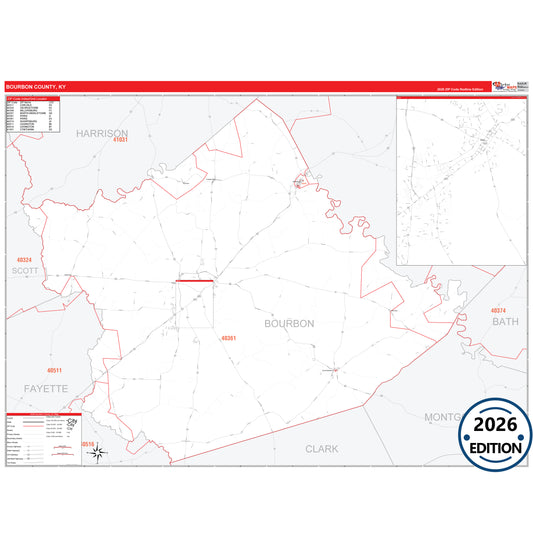 Bourbon County, KY Red Line 5 Digit ZIP Code Wall Map