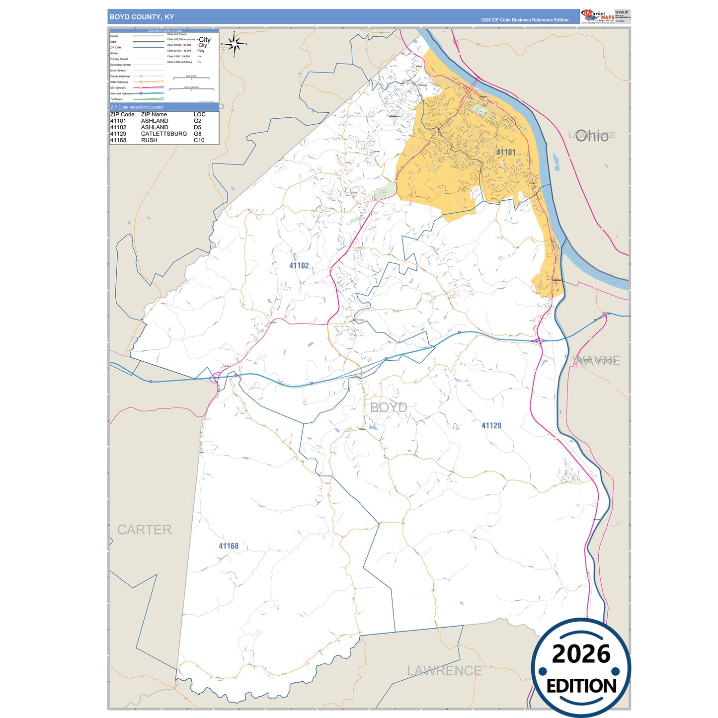 Boyd County, KY Business Reference 5 Digit ZIP Code Wall Map