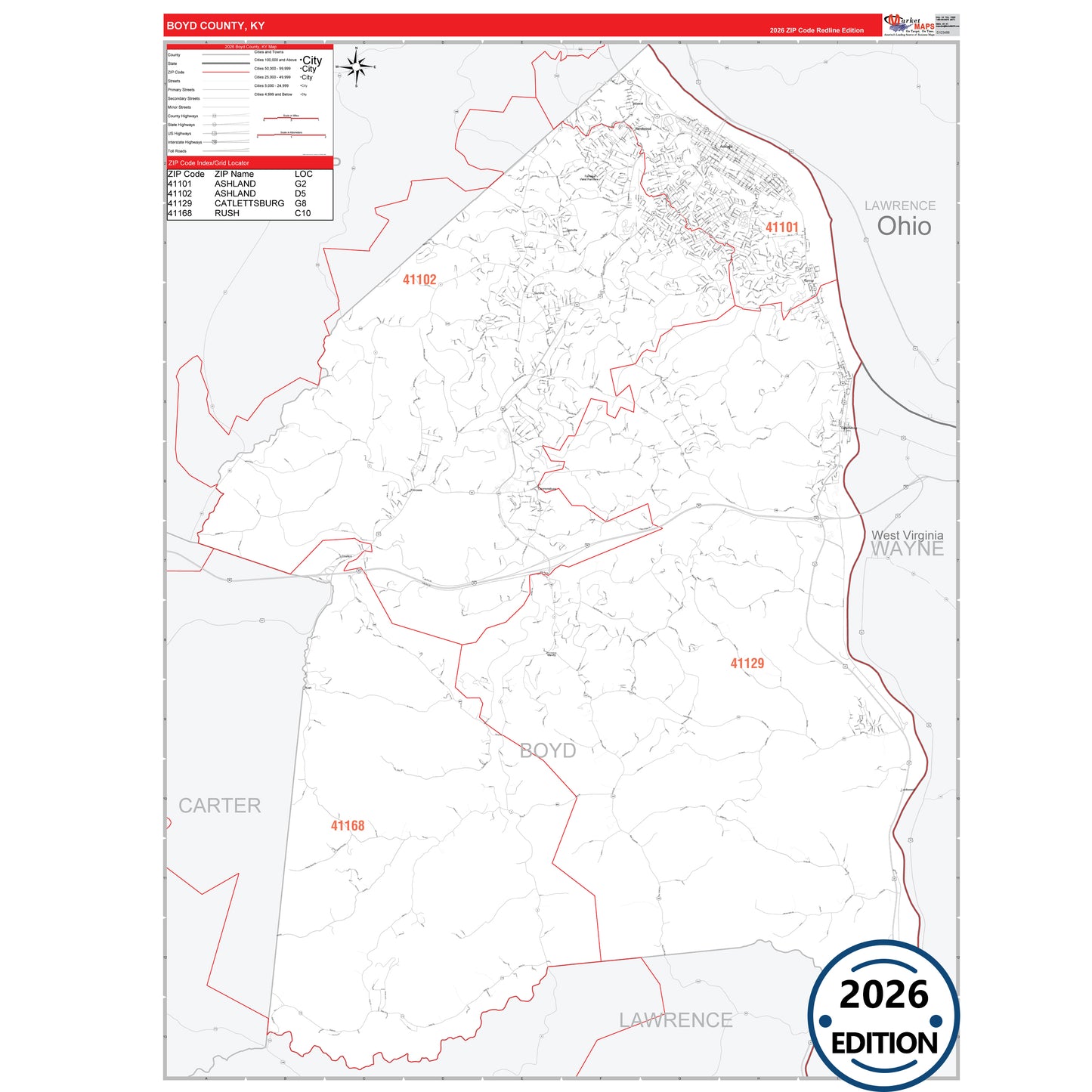 Boyd County, KY Red Line 5 Digit ZIP Code Wall Map