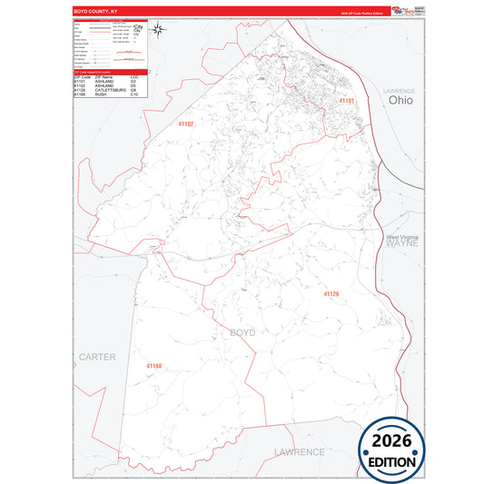 Boyd County, KY Red Line 5 Digit ZIP Code Wall Map