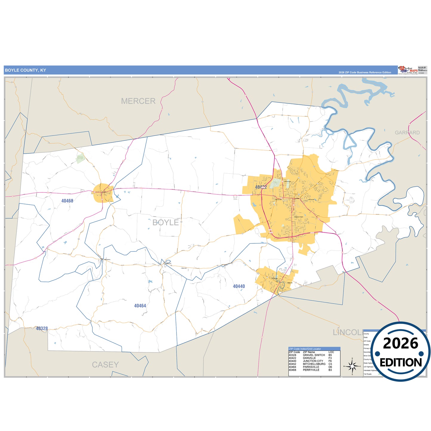 Boyle County, KY Business Reference 5 Digit ZIP Code Wall Map