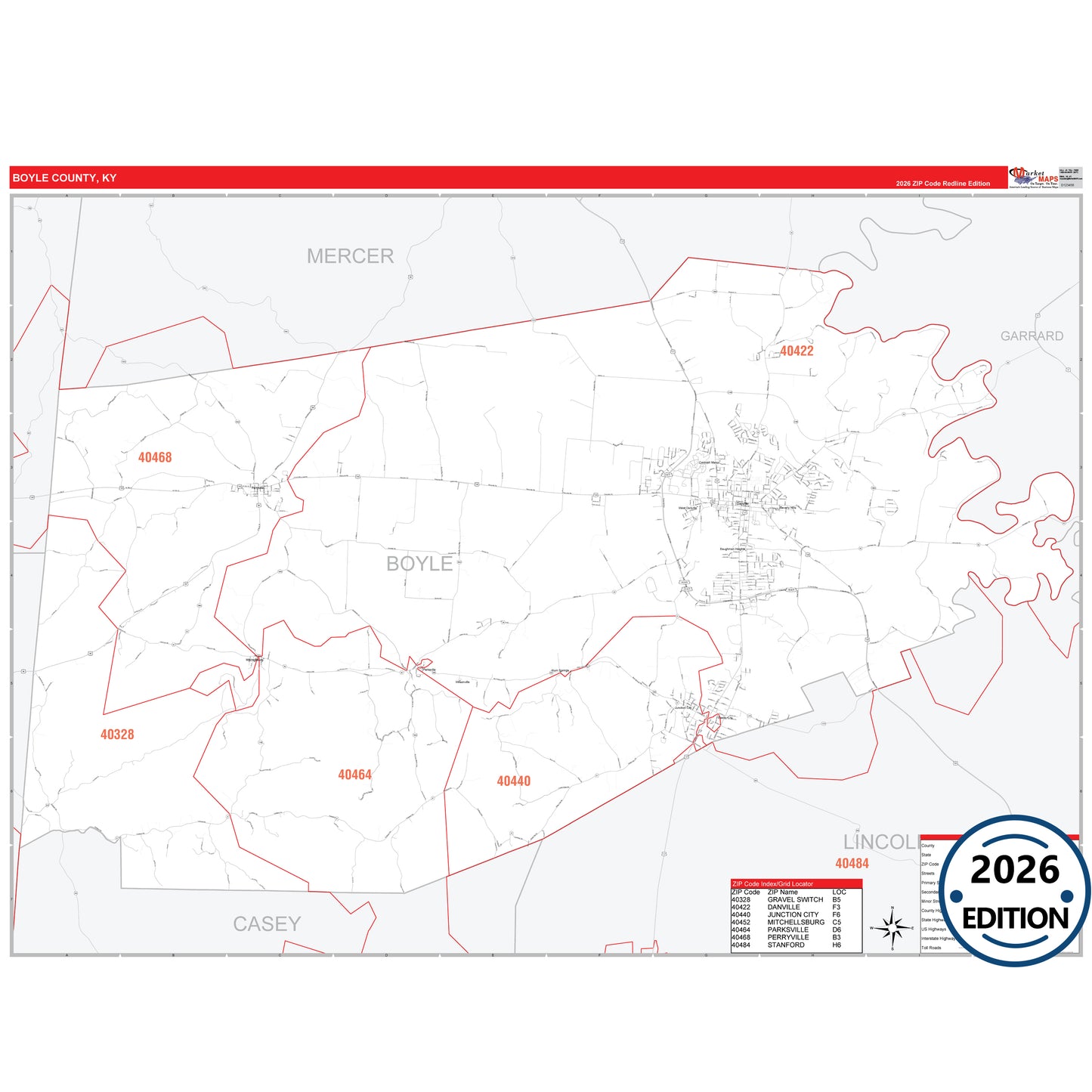 Boyle County, KY Red Line 5 Digit ZIP Code Wall Map