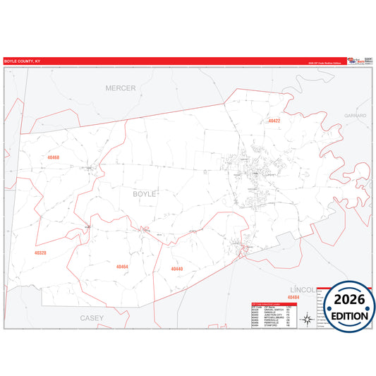 Boyle County, KY Red Line 5 Digit ZIP Code Wall Map