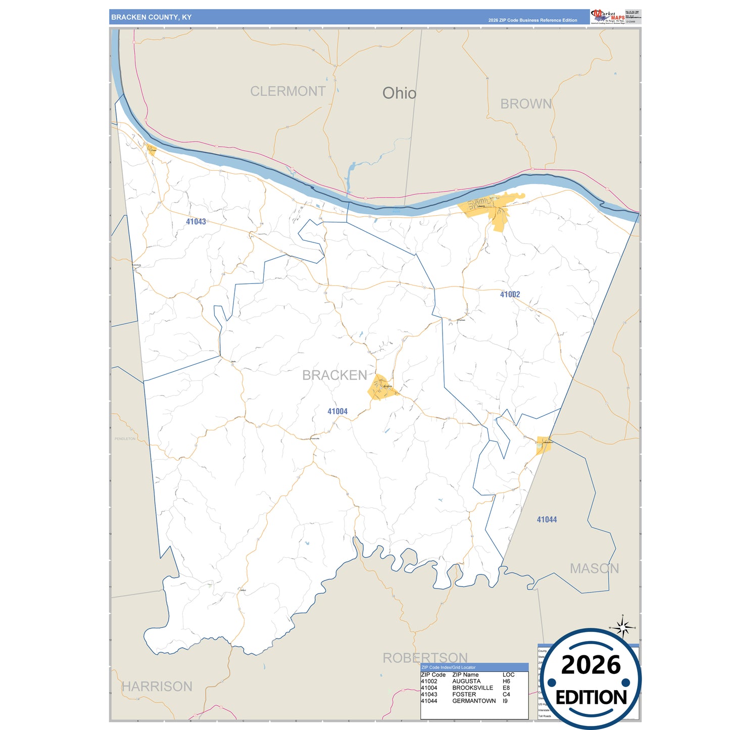 Bracken County, KY Business Reference 5 Digit ZIP Code Wall Map