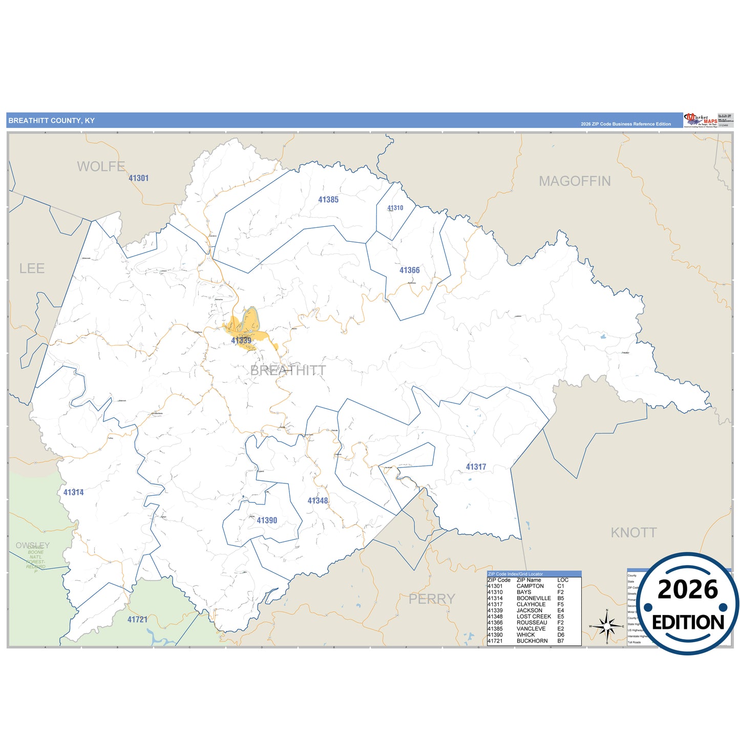 Breathitt County, KY Business Reference 5 Digit ZIP Code Wall Map
