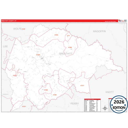 Breathitt County, KY Red Line 5 Digit ZIP Code Wall Map