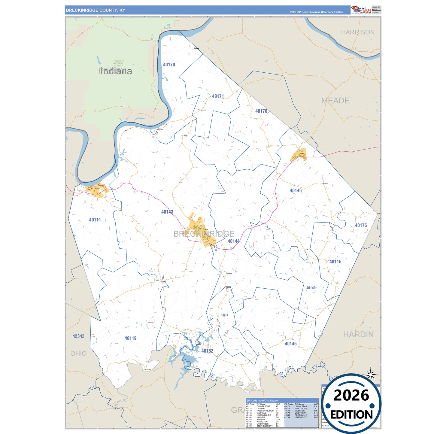 Breckinridge County, KY Business Reference 5 Digit ZIP Code Wall Map