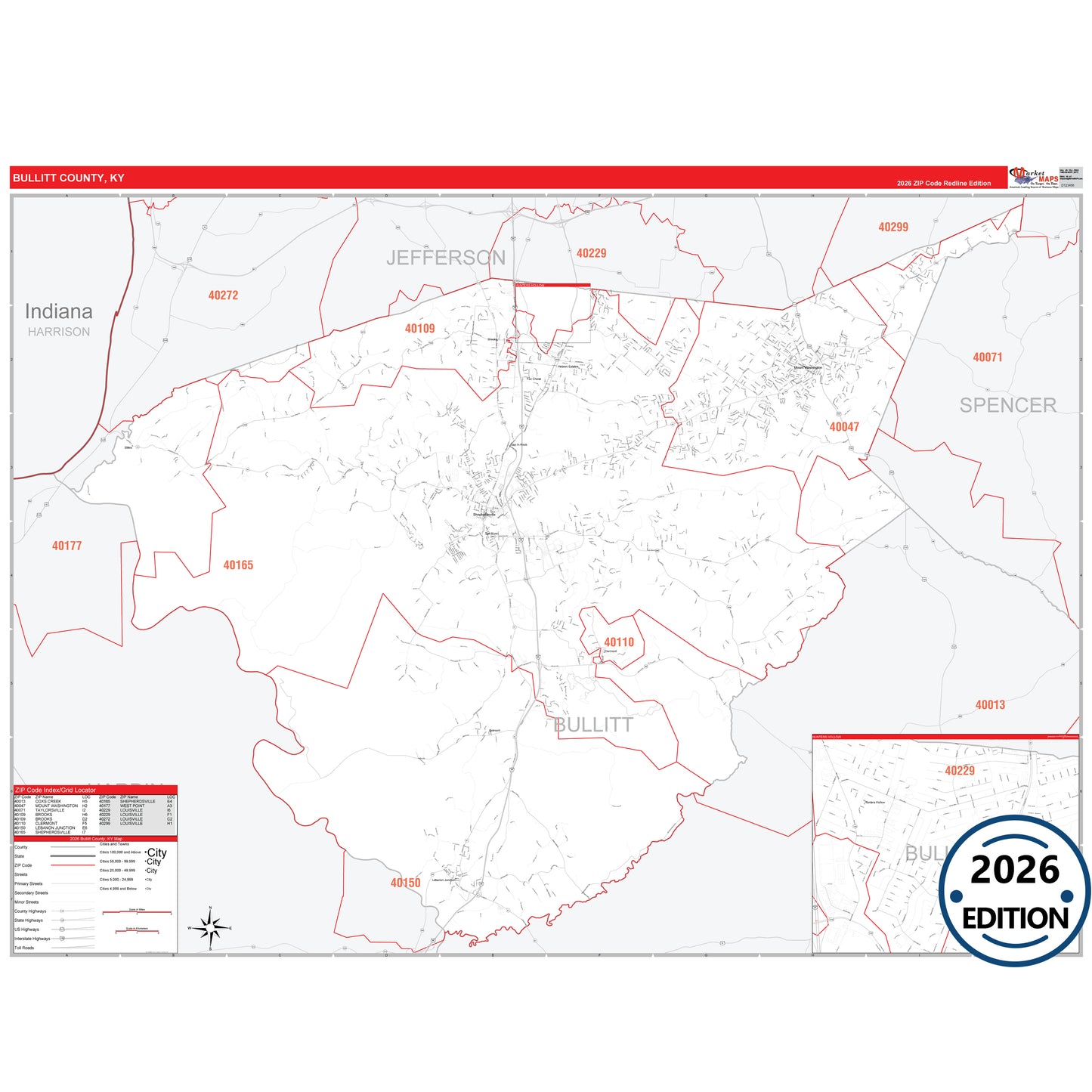 Bullitt County, KY Red Line 5 Digit ZIP Code Wall Map