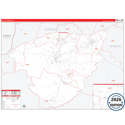 Bullitt County, KY Red Line 5 Digit ZIP Code Wall Map