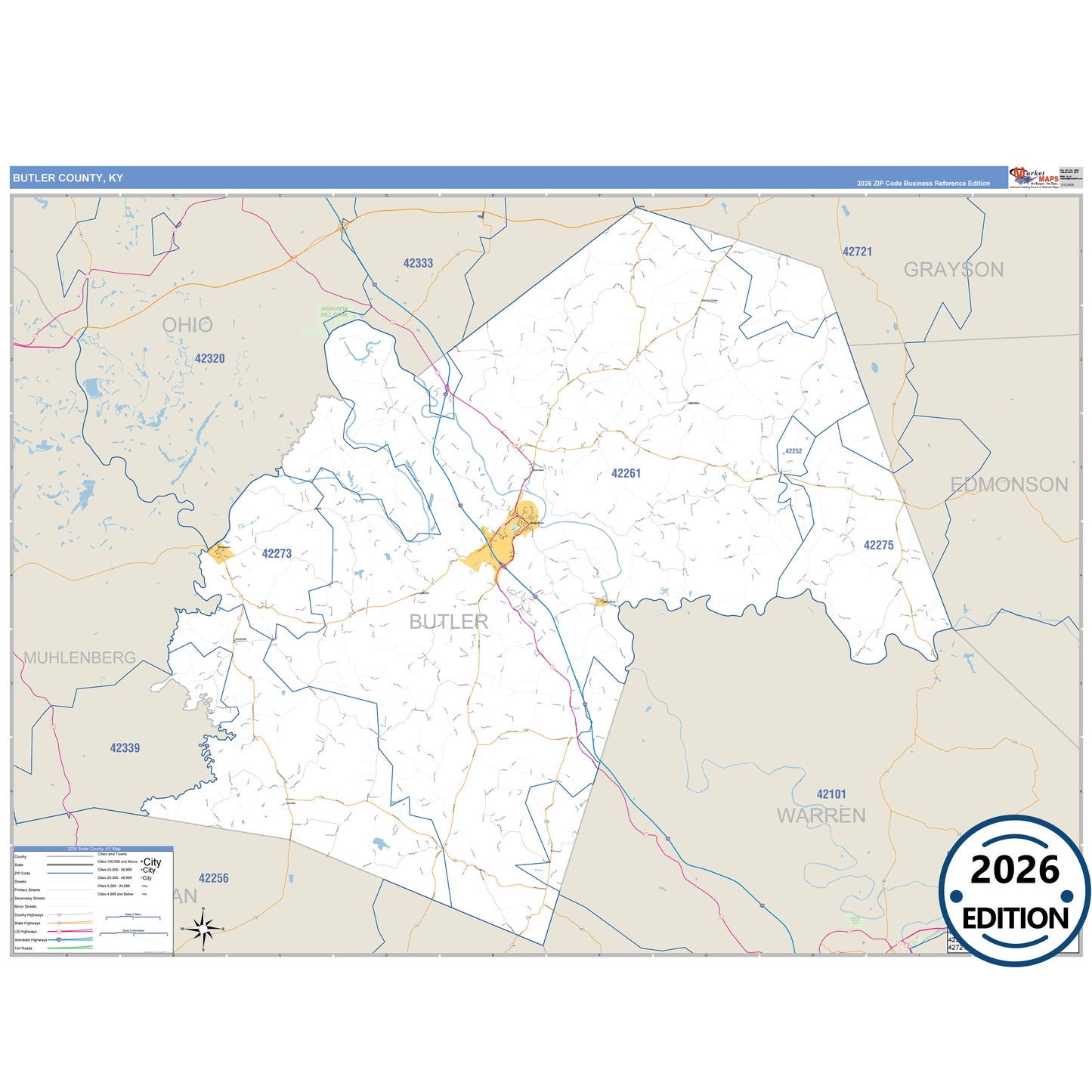 Butler County, KY Business Reference 5 Digit ZIP Code Wall Map