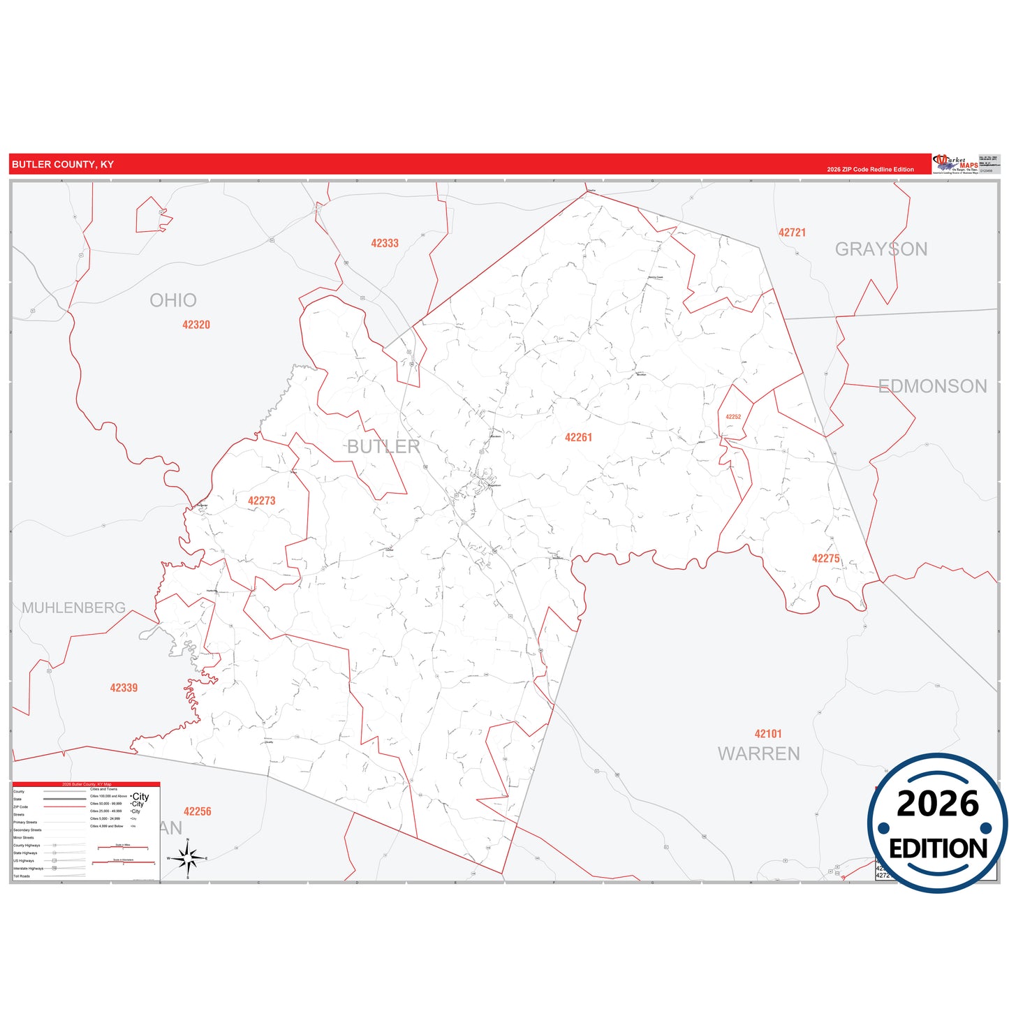 Butler County, KY Red Line 5 Digit ZIP Code Wall Map