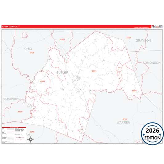 Butler County, KY Red Line 5 Digit ZIP Code Wall Map
