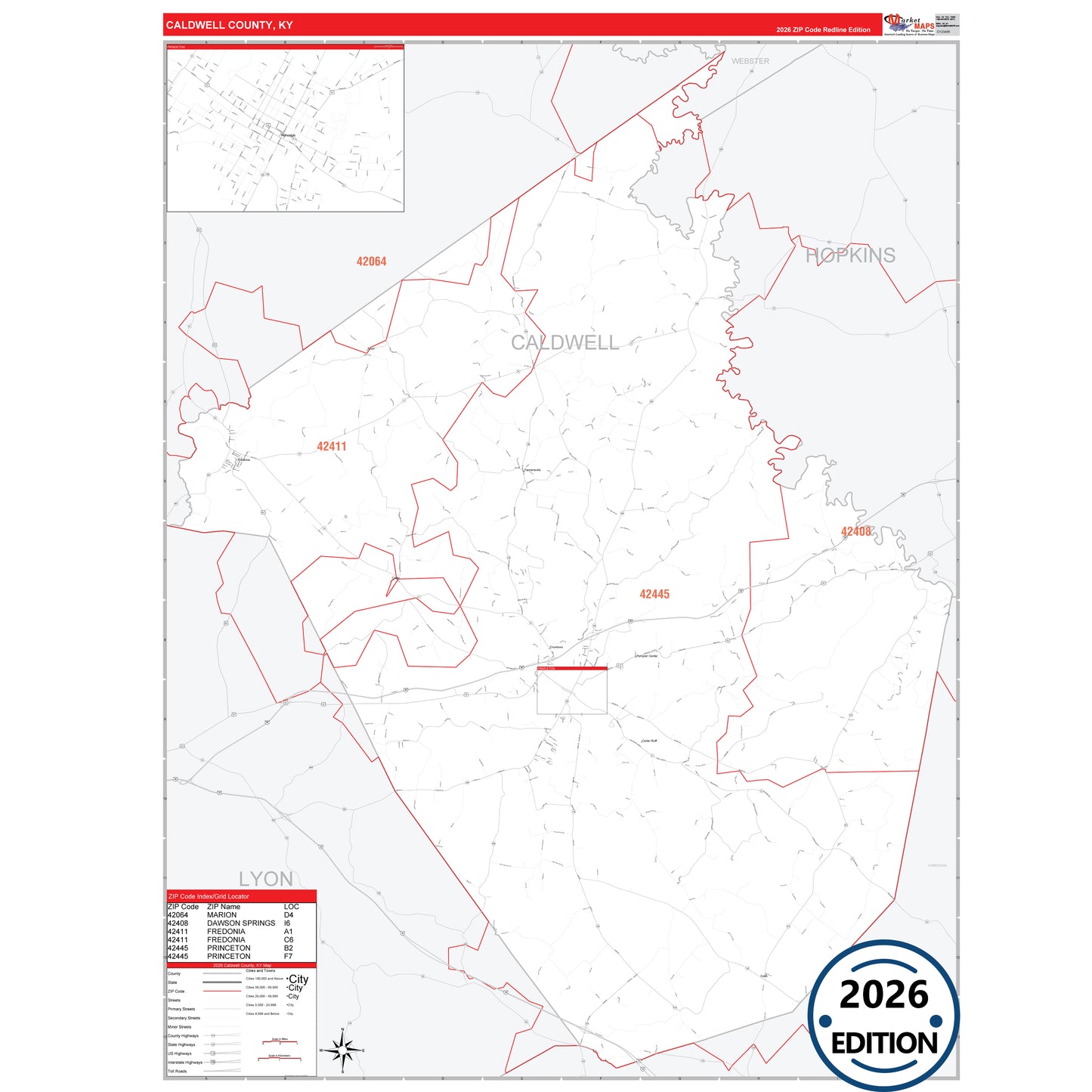 Caldwell County, KY Red Line 5 Digit ZIP Code Wall Map
