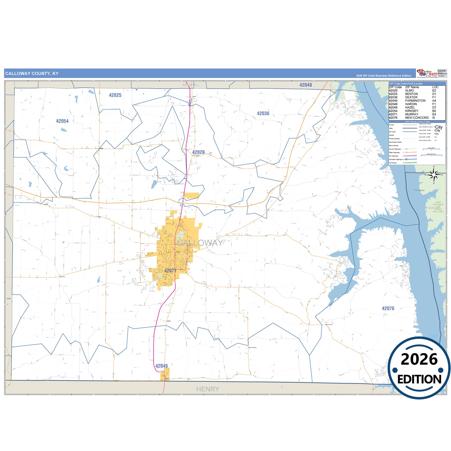 Calloway County, KY Business Reference 5 Digit ZIP Code Wall Map