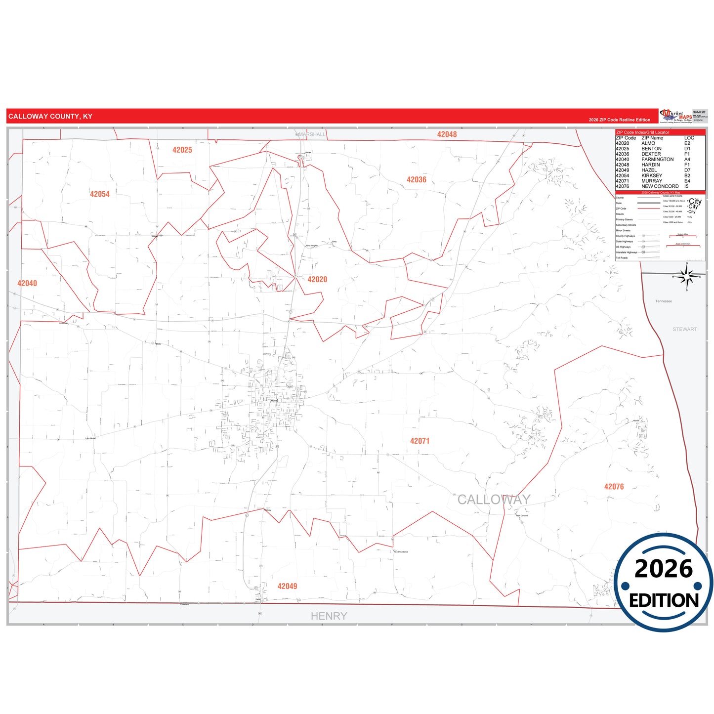 Calloway County, KY Red Line 5 Digit ZIP Code Wall Map