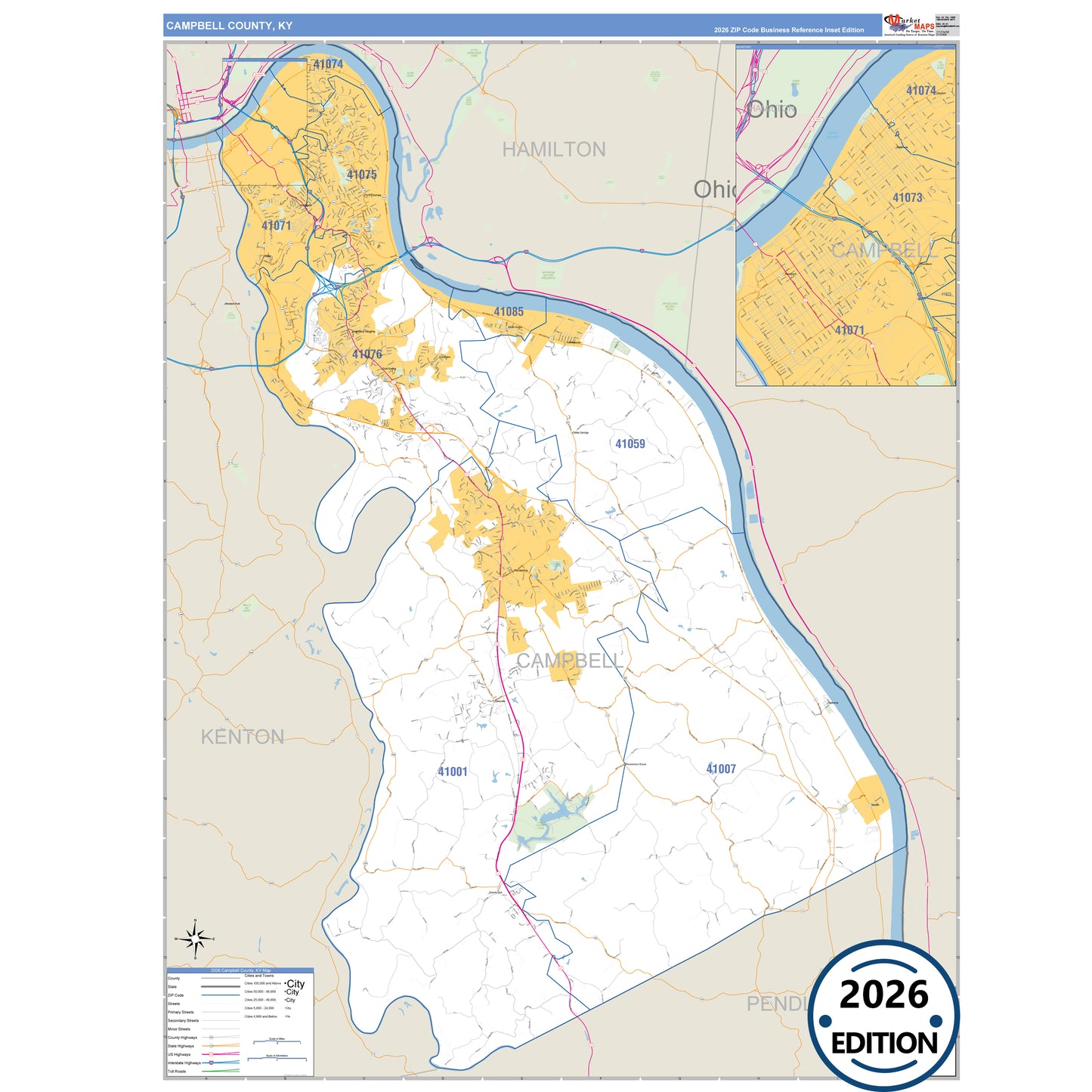 Campbell County, KY Business Reference 5 Digit ZIP Code Wall Map