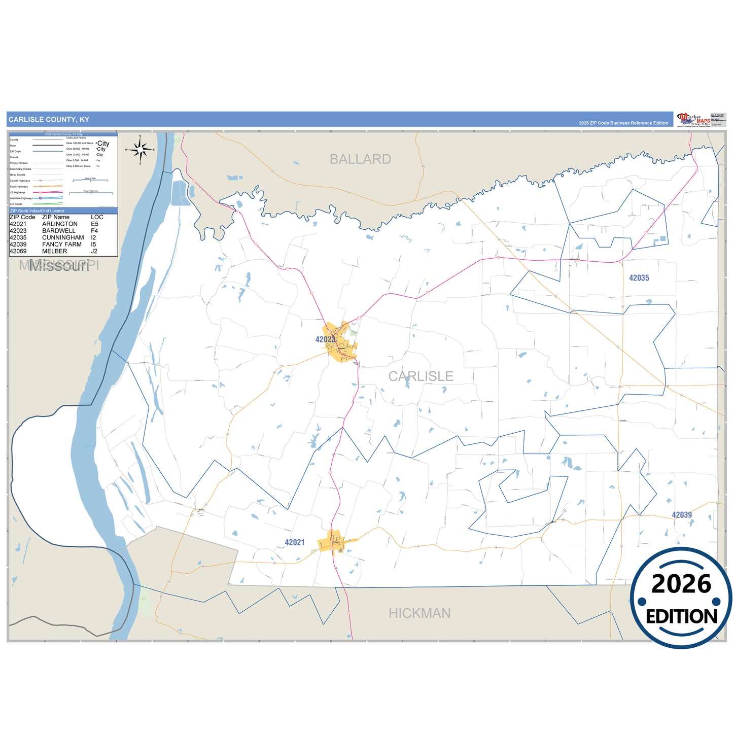 Carlisle County, KY Business Reference 5 Digit ZIP Code Wall Map